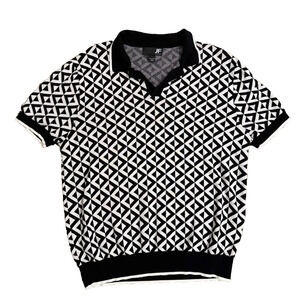 J. Ferrar Men’s L Black White Geometric Knit Polo Shirt Short Sleeve Cotton